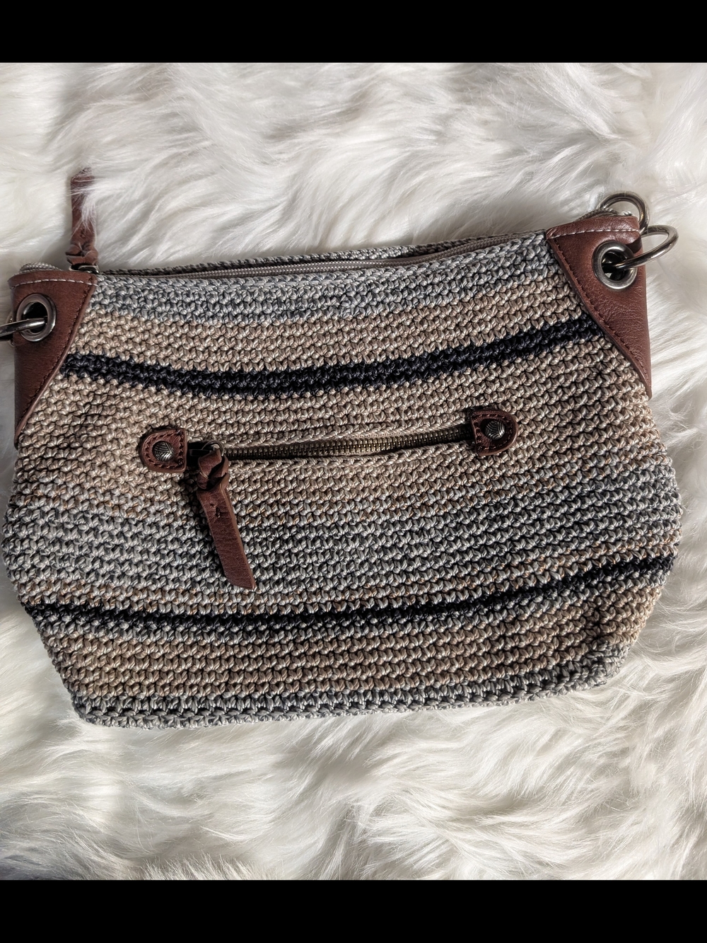 The Sak Striped Crochet Crossbody Bag with Leather Trim